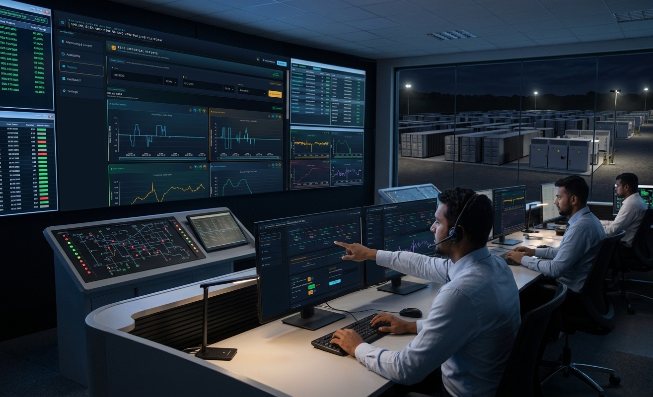 BESS control centre operators monitoring telemetry and control screens